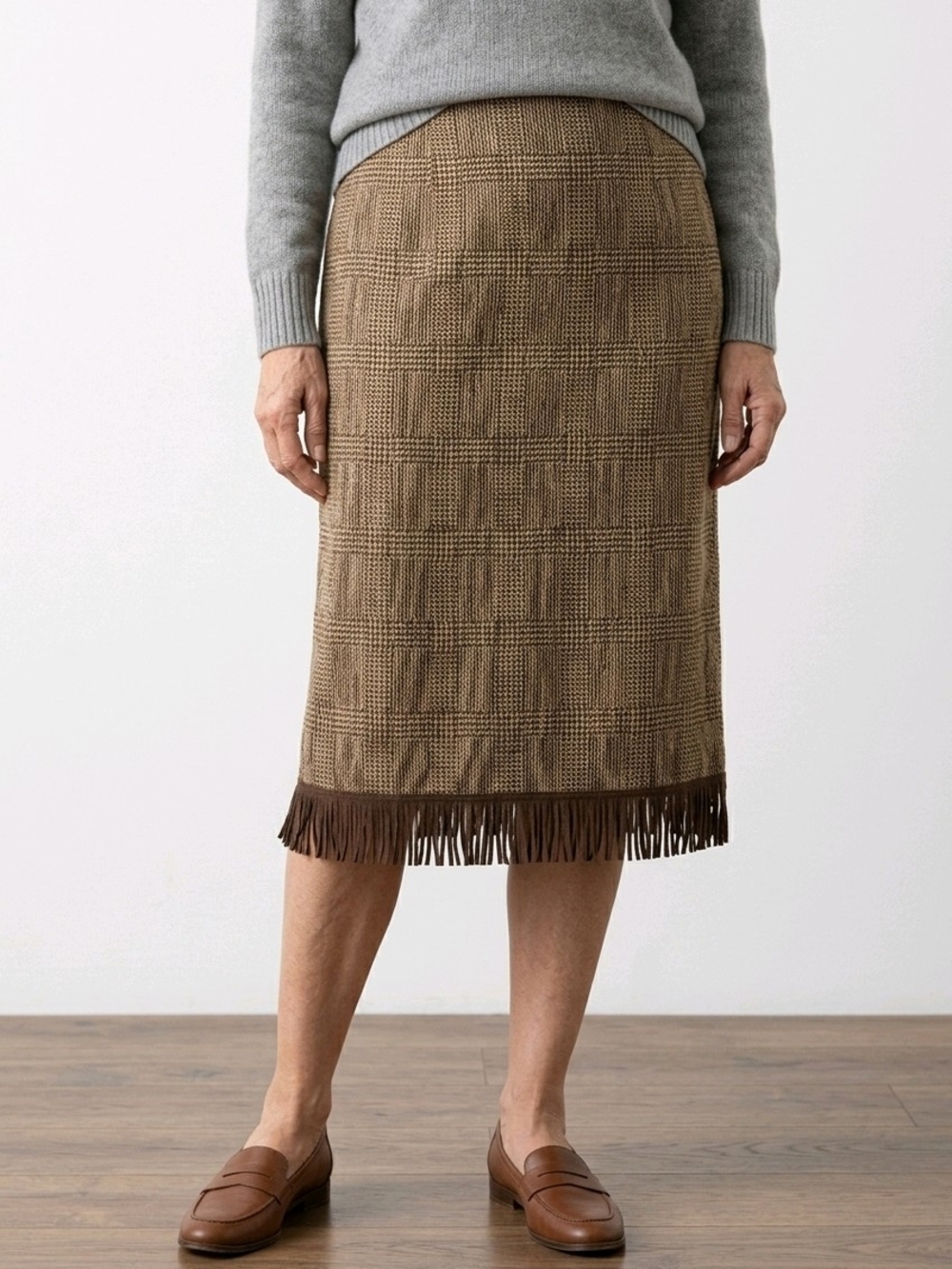 Nena Leonard Fringed Textured Midi Skirt in Brown Sz Xl
